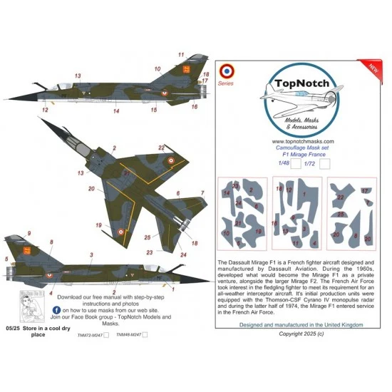 TopNotch 72-M247 1/72 Dassault Mirage M247 F1 French Camouflage Mask set