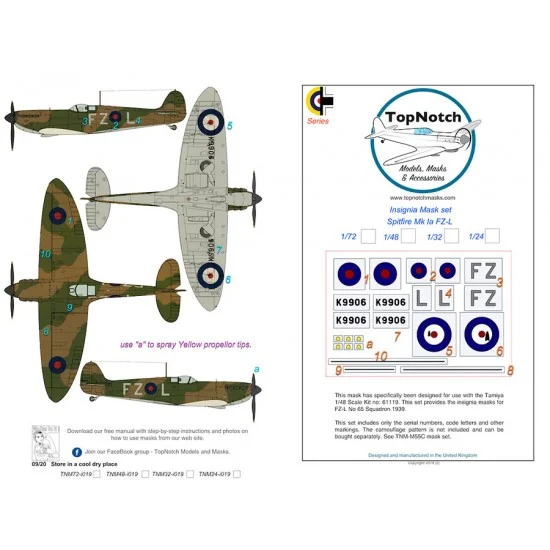 TopNotch 72-i019 1/72 Spitfire Mk1 FZ-L (Early 1939) Insignia Masks