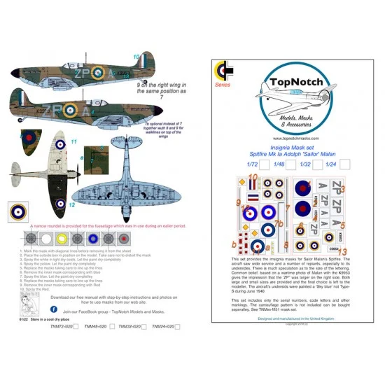 TopNotch 72-i020 1/72 Spitfire Mk1a ZP-A (Malan) Insignia Masks