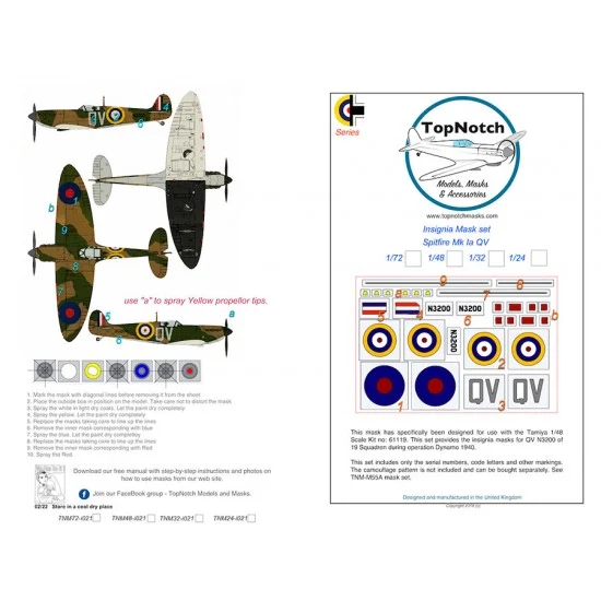 TopNotch 72-i021 1/72 Spitfire Mk 1a QV - N3200 Dynamo 1940 Insignia Masks for Tamiya kits