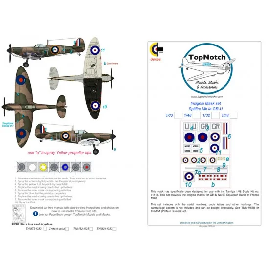 TopNotch 72-i023 1/72 Spitfire Mk 1a GR-U Insignia Masks