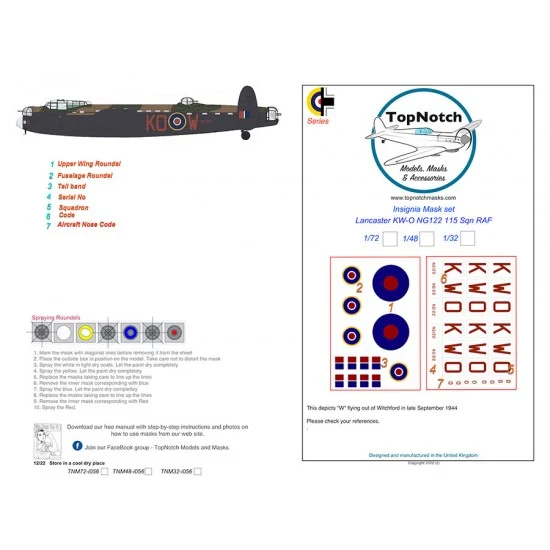 TopNotch 72-i056 1/72 Lancaster KW-O NG122 115 Sqn RAF Insignia Masks