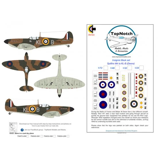 TopNotch 72-i066 1/72 Spitfire Mk Ia KL-B (Deere) Insignia Masks