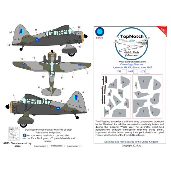TopNotch 72-M241 1/72 Lysander Mk.IIIA Burma June 1945 Camo Masks
