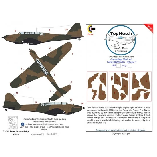 TopNotch 72-M244 1/72 Fairley Battle Mk.I - Scheme 1 Camo Masks