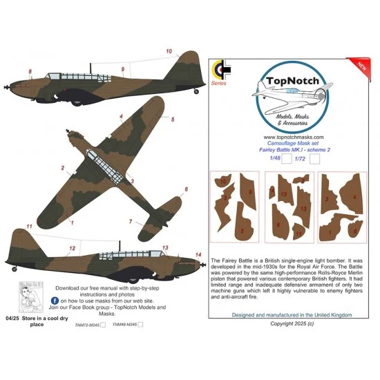 TopNotch 72-M245 1/72 Fairley Battle MK.I Scheme 2 Camo Masks