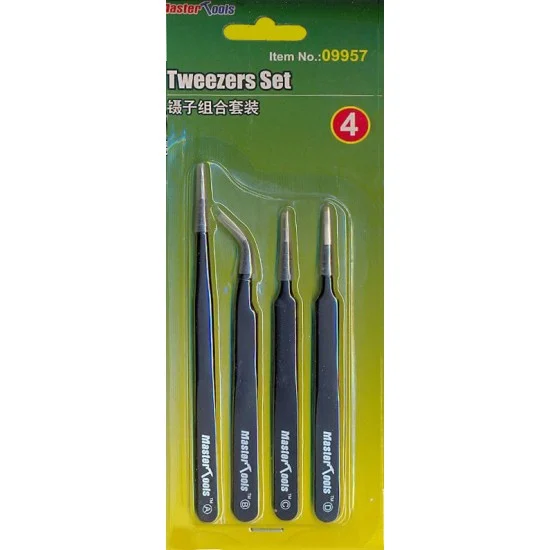 Trumpeter 09957 Tweezers Set (4pcs: Long Straight, Short Straight, Curved and Flat End) - Hobby Tools & Supplies