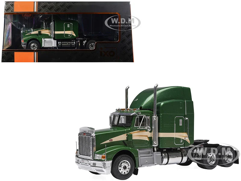 1998 Peterbilt 377 A/E Truck Tractor Green Metallic with Beige Stripes 1/43 Diecast Model by IXO Models - Peterbilt Models