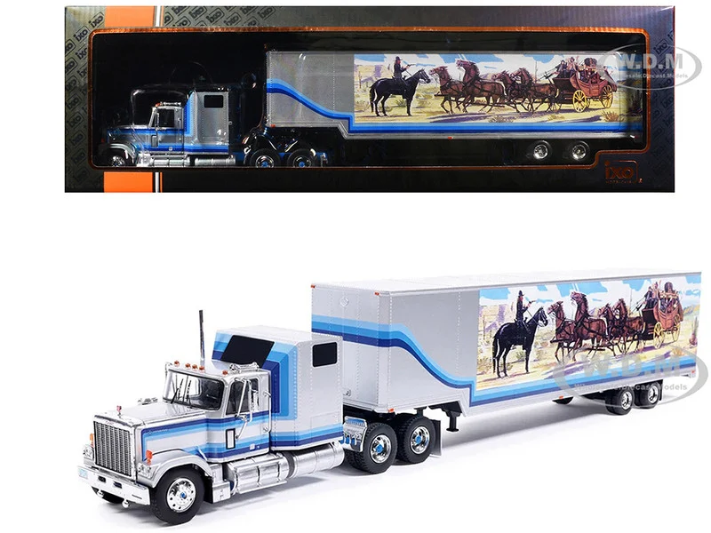 1980 GMC General Truck Tractor with Sleeper Cab and Trailer Silver Metallic with Blue Stripes 1/43 Diecast Model by IXO Models - GMC Models