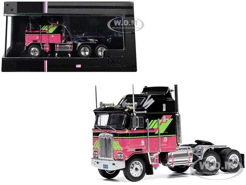 1976 Kenworth K100 Aerodyne Truck Tractor Black and Pink with Graphics 1/64 Diecast Model by IXO Models - Kenworth Models