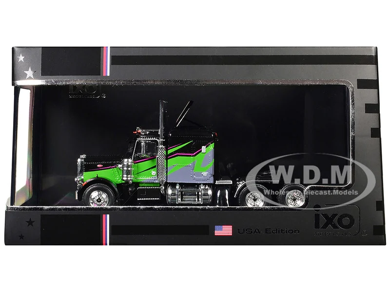 1973 Peterbilt 359 Truck Tractor Black and Lime Green with Graphics 1/64 Diecast Model by IXO Models - Peterbilt Models