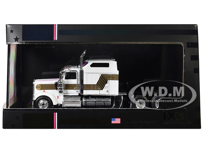1995 Kenworth W900 Truck Tractor White with Black and Gold Stripes 1/64 Diecast Model by IXO Models - Kenworth Models
