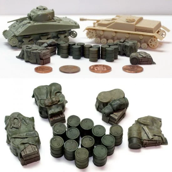 Value Gear 720DA 1/72 Allied Fuel Drums (16pcs, 4 Tarp Covered Piles + 12 Drums) - Scenics & Diorama