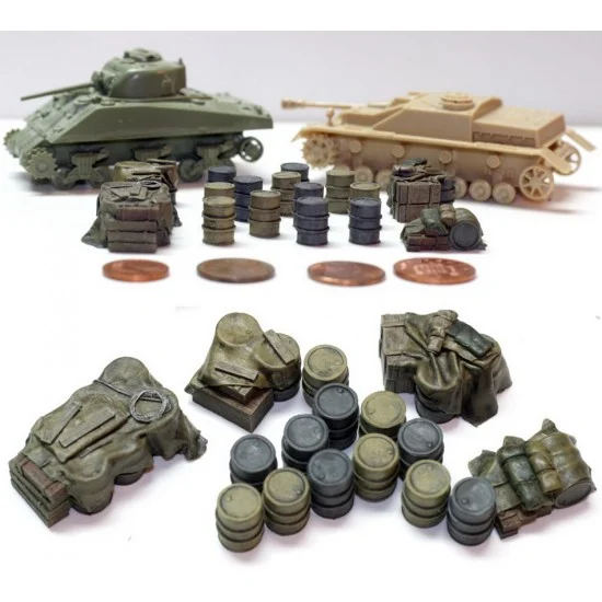 Value Gear 720DG 1/72 German Fuel Drums (16pcs, 4 Tarp Covered Piles + 12 Drums) - Scenics & Diorama