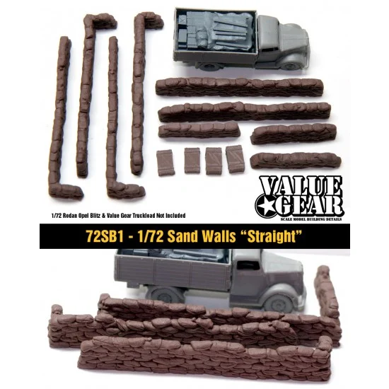 Value Gear 72SB1 1/72 Sandbags Walls ''Straight" (13 pieces) - Scenics & Diorama