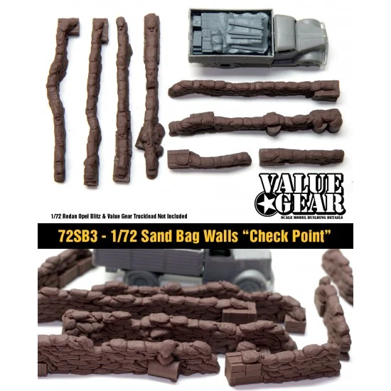 Value Gear 72SB3 1/72 Sandbags Walls "Check Point" (8 pieces) - Scenics & Diorama