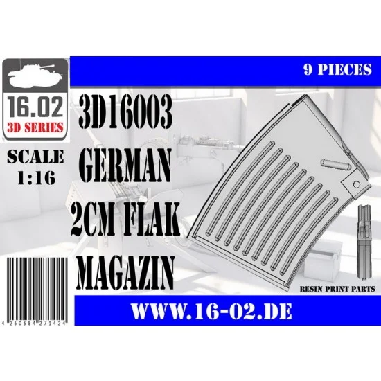 16.02 3D16003 1/16 German 2cm Flak Ammunition Magazine (9pcs) - Military Vehicles & Tanks