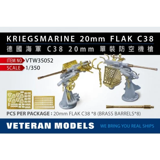 Veteran Models VTW35052 1/350 WWII Kriegsmarine 20mm Flak C38 - Model Ships & Boats