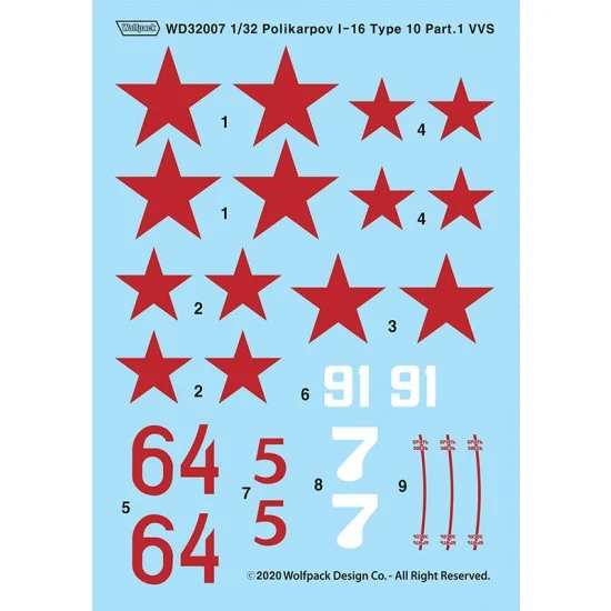 Wolfpack Design WD32007 1/32 Polikarpov I-16 Type 10 Decals Part.1 - VVS for ICM kits
