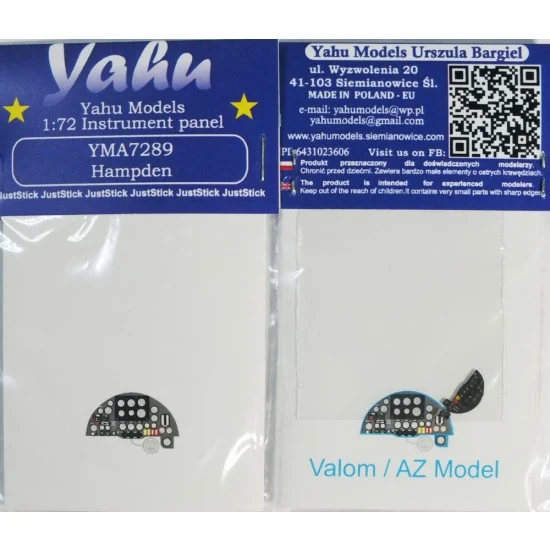 Yahu YMA7289 1/72 Handley Page Hampden Instrument Panel for AZ Model/Valom kit - Model Planes