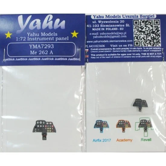 Yahu YMA7293 1/72 Messerschmitt Me 262 A Instrument Panel for Airfix/Academy kits - Model Planes