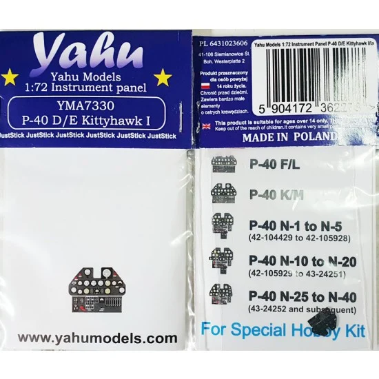 Yahu YMA7330 1/72 Curtiss P-40 D/E Kittyhawk I/Ia Instrument Panel for Special Hobby kits