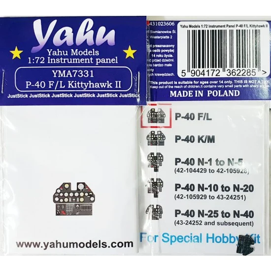 Yahu YMA7331 1/72 Curtiss P-40 F/L Kittyhawk II Instrument Panel for Special Hobby kits