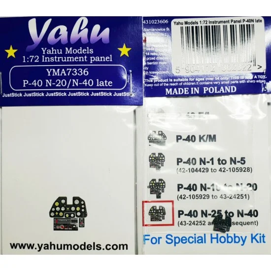 Yahu YMA7336 1/72 P-40 N Late (N-25 N-40) Instrument Panel for Special Hobby kits