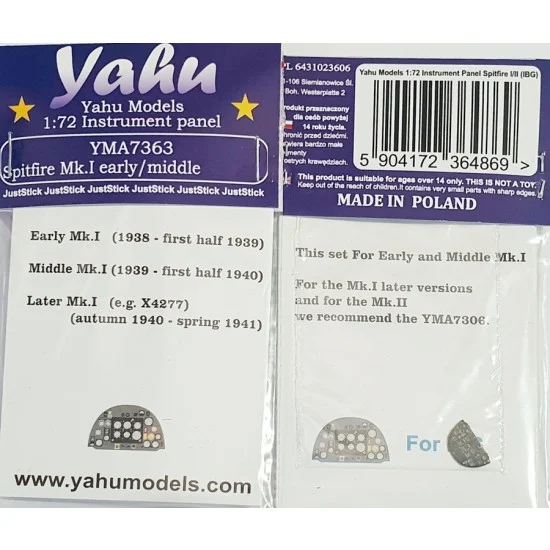 Yahu YMA7363 1/72 Spitfire I Early/Middle Instrument Panel for IBG kits - Model Planes