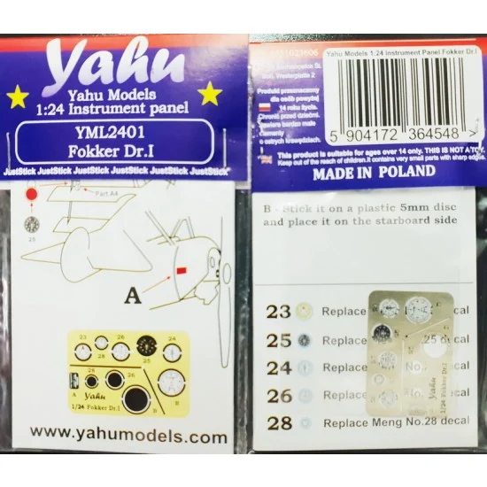Yahu YML2401 1/24 Fokker Dr.I Instrument Panel for Meng kits - Model Planes