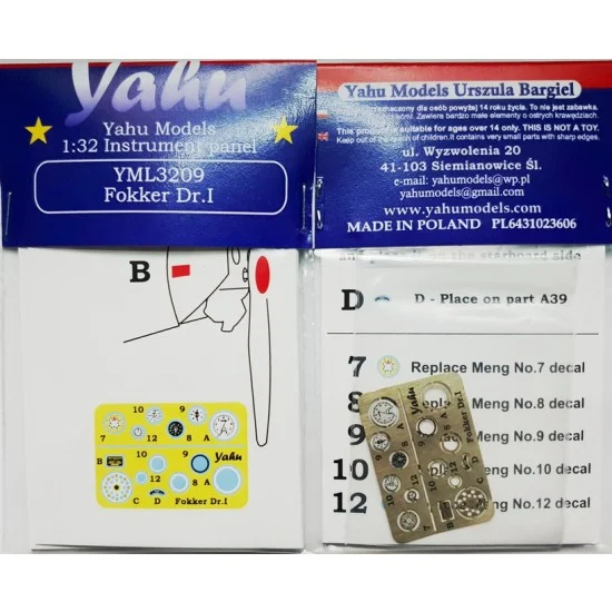 Yahu YML3209 1/32 Fokker Dr.I Instrument Panel for Meng kits - Model Planes