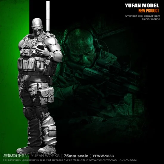 YUFAN Model 1833 75mm Scale US SEAL Assault Team Senior Marine "Bald Warrior" - Model Figures