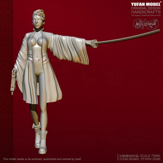 YUFAN Model 2046 75mm Scale "Miss China" Girl in Silk Clothing w/Katana - Model Figures