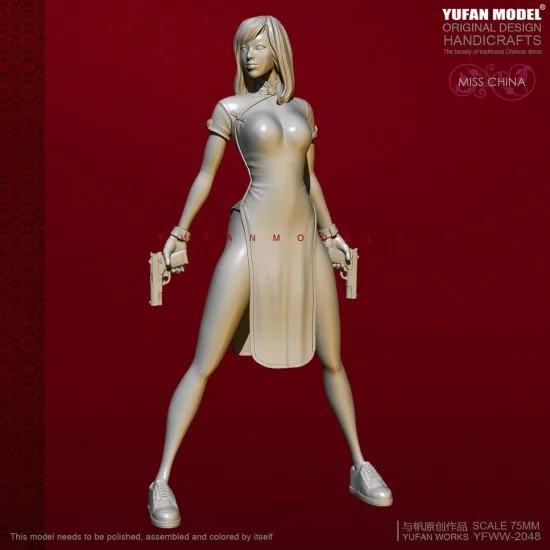 YUFAN Model 2049 75mm Scale "Miss China" Cheongsam Girl w/2 Pistols - Model Figures