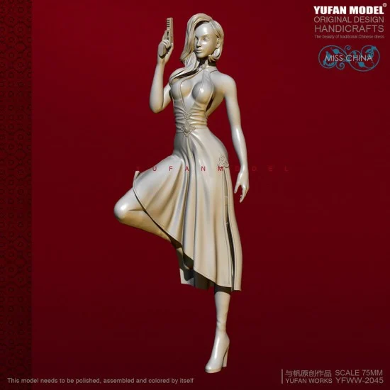 YUFAN Model 2052 75mm Scale "Miss China" Cheongsam Girl w/Pistol - Model Figures