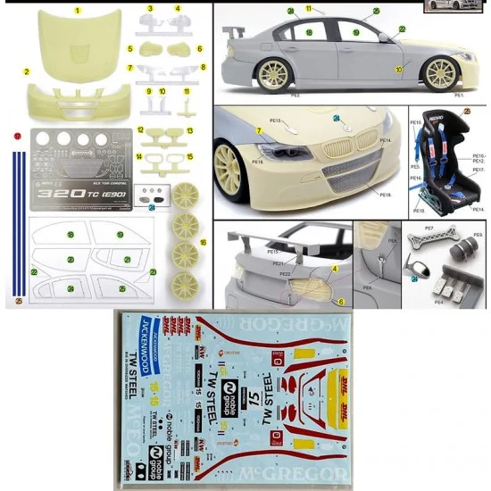 ZoomOn Z174 1/24 BMW 320 TC (E90) WTCC Macau Race 2013 #15 T.Coronel with SK24184 Decal for for NuNu #24037 - Model Cars