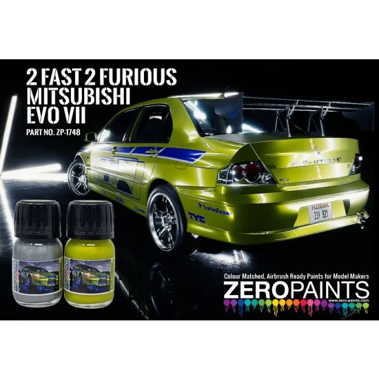 Zero Paints 1748 Fast Furious Mitsubishi Evo VII Green/Yellow & Silver Paint Set (2x 30ml) - Hobby & Model Paints