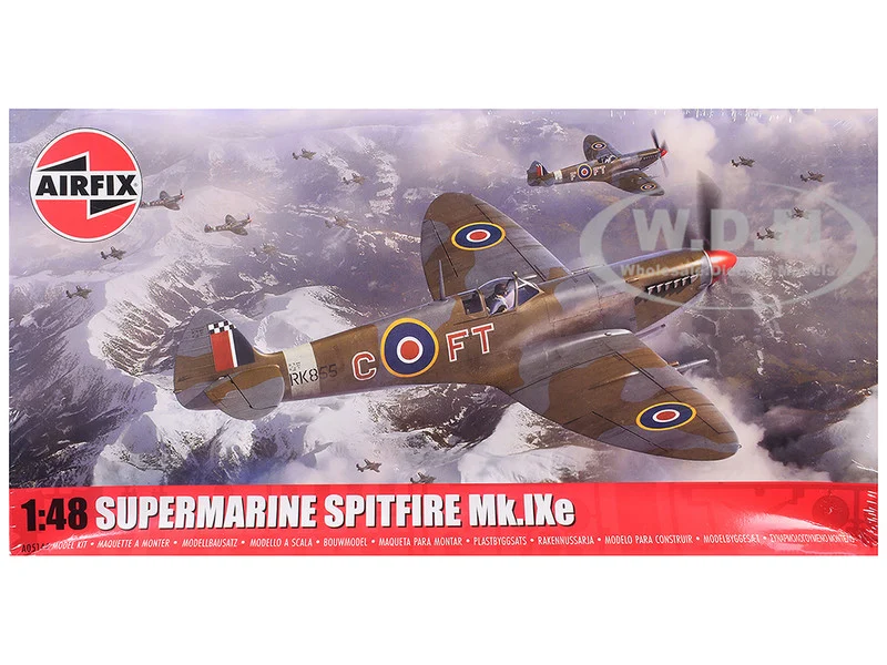 Level 2 Model Kit Supermarine Spitfire Mk.IXe Fighter Aircraft with 3 Scheme Options 1/48 Plastic Model Kit by Airfix - Military Models