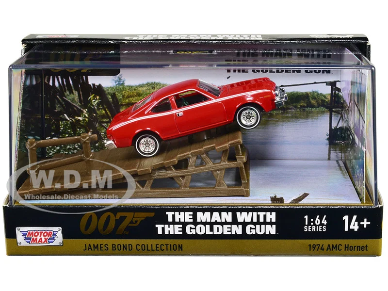 1974 AMC Hornet Red with White Stripes James Bond 007 "The Man with the Golden Gun" (1974) Movie with Display 1/64 Diecast Model Car by Motormax - Movie/TV Series Models
