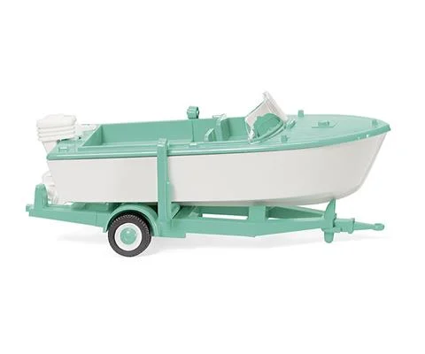 Trailer Mounted Motor Boat in Signal White and Mint Green - WIKING