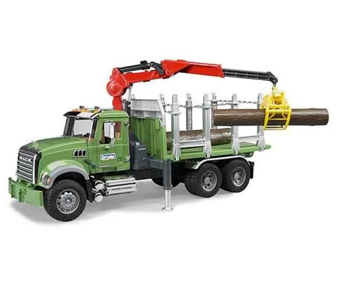 MACK Granite Timber Truck with Loading Crane and 3 Trunks - BRUDER