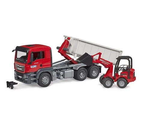 MAN TGS Truck with Roll-Off Container and Schaeffer Compact Loader