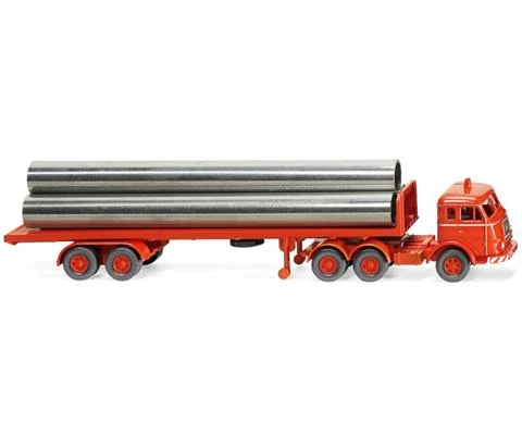 Henschel Truck and Flatbed Trailer in Luminous Red with Pipe Load - WIKING