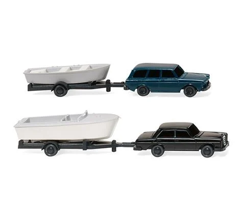Mercedes-Benz 280 and Volkswagen Variant with attached Boat and Trailers