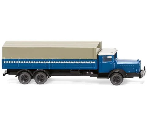 Mercedes-Benz L 10000 Flatbed Truck in Azure Blue with Bed Cover in Olive Grey