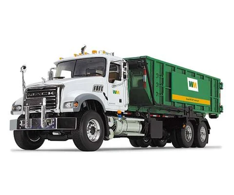 Waste Management - Mack Granite MP with Ribbed Roll-Off Container and Large Signboard