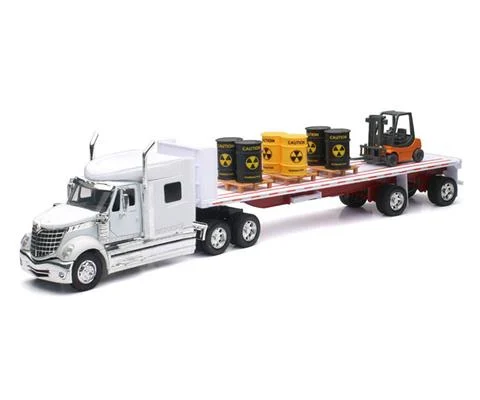 International Lonestar with Flatbed Carrying Toxic Barrels and Forklift - NEW-RAY