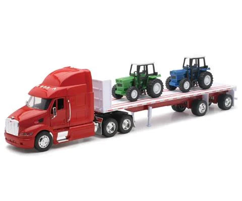 Peterbilt 387 with Flatbed Hauling a Farm Tractor - NEW-RAY