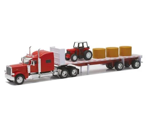 Peterbilt 389 with Flatbed Hauling Hay and a Farm Tractor - NEW-RAY