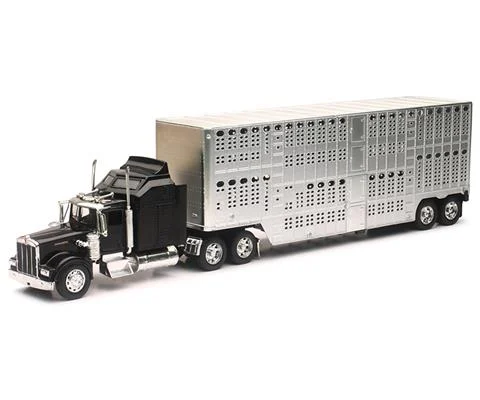 Kenworth W900 Tractor in Black with Pot Belly Livestock Trailer in Chrome - NEW-RAY